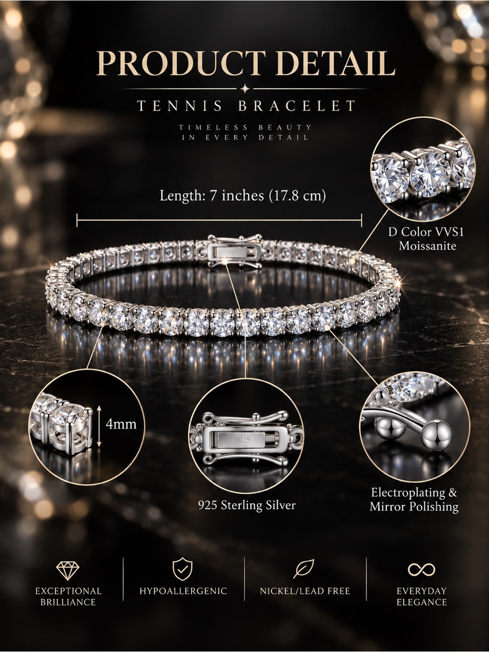 4mm Moissanite Tennis Bracelet - White Gold Plated Sterling Silver
